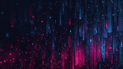Commercial high-resolution photo of abstract digital rain with pink and blue glowing particles.