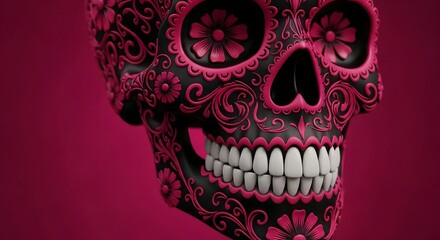 Intricately decorated pink skull with ornate patterns and white teeth