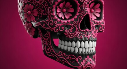 Intricately decorated pink sugar skull with floral patterns and ornate swirls