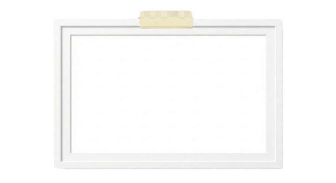 Minimalist white picture frame border held by tape for photography mockup and digital design isolated PNG with Transparent Background