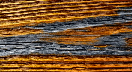 Closeup of weathered wood grain with deep texture and contrasting orange and gray tones, highlighting natural patterns and imperfections