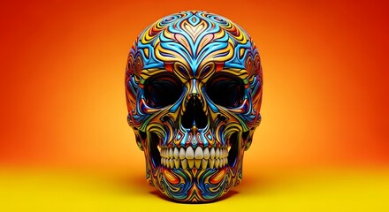 Intricately decorated sugar skull with vibrant colors on a gradient background