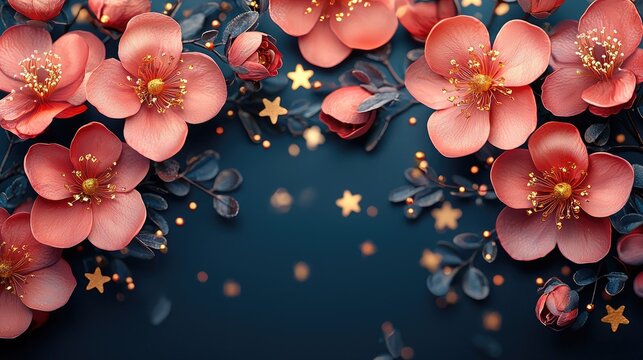 Charming New Year Banner Design with Pink Blossoms and Stars