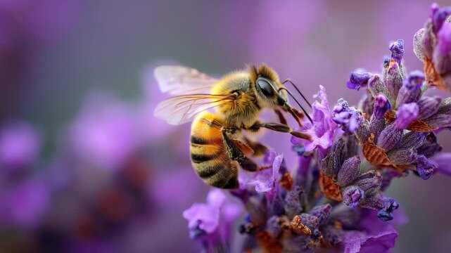 Honey bee collecting nectar from lavender flowers during a sunny day in a vibrant garden