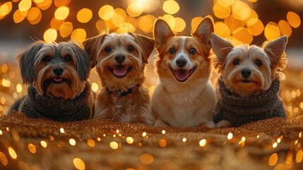 Happy New Year Celebration with Dogs in Cozy Sweaters and Bright Lights