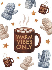 Cozy winter scene with hot chocolate mugs, knitted mittens, and stars evoking warmth and comfort