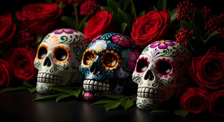 Three vibrantly decorated sugar skulls surrounded by deep red roses and dark foliage