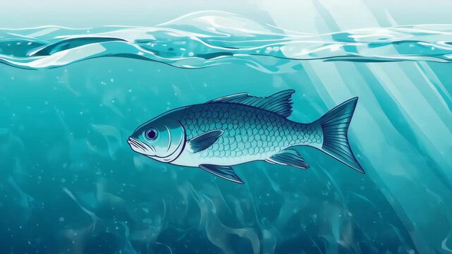 A lone fish swims through clear ocean water with light rays filtering down