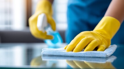 Cleaning personnel are actively sanitizing a conference table with a cloth and spray, ensuring a hygienic space for upcoming meetings. The bright and organized office reflects professionalism