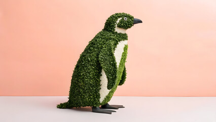 Creative topiary penguin sculpture made of green foliage in minimal studio with soft pastel pink background