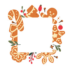 Gingerbread Christmas frame, happy man cookie for Santa. Print for notebook or coloring book for kids , web, social media , banner . Cartoon vector illustration with space for text .