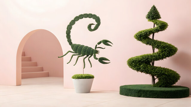 Creative topiary art of a scorpion and spiral tree in minimal pastel interior with archway and geometric stairs