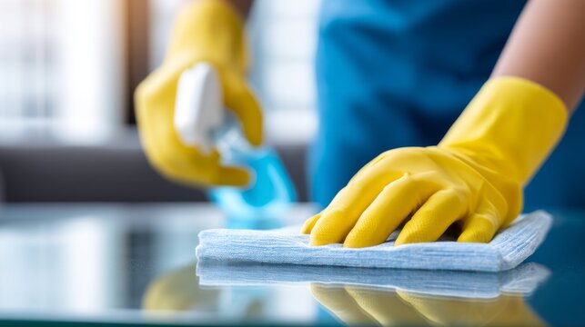 Cleaning personnel are actively sanitizing a conference table with a cloth and spray, ensuring a hygienic space for upcoming meetings. The bright and organized office reflects professionalism