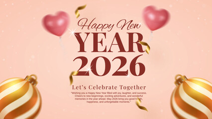 happy new year 2026 heart balloons, ornaments, new year 2026 celebration greeting card template, elegant happy new year 2026 banner background, 2026 new year party invitation with festive gold element
