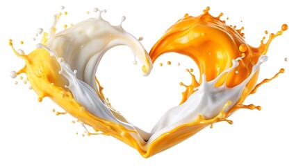 Heart shape formed by splashing liquids white and orange on white background