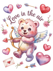 Adorable cupid bear with bow and arrow spreading love and happiness amidst hearts and roses