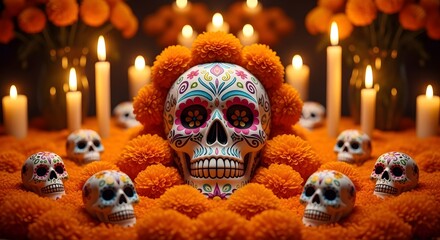 Vibrant day of the dead altar with marigolds and sugar skulls