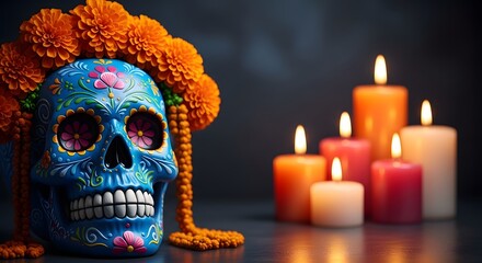 Vibrant day of the dead skull adorned with marigolds beside flickering candles