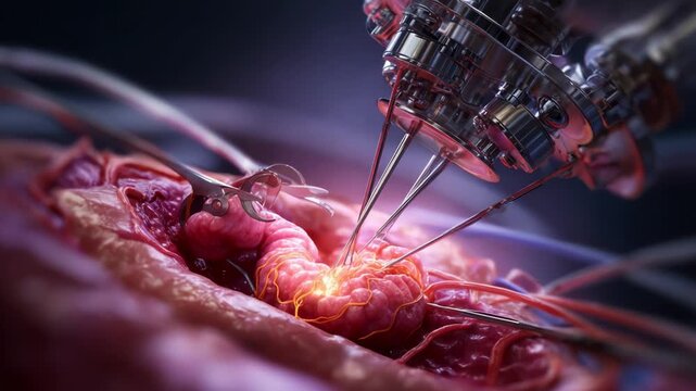 A state-of-the-art robotic system delicately performs a complex procedure on organic tissue, showcasing precision technology in a visually striking and intricate design that captivates viewers.