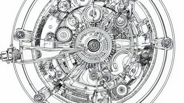 Intricate, circular mechanical illustration. Gears, pipes, and other elements