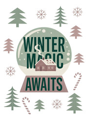 Experience enchanting winter magic with cozy cabin scene inside snow globe surrounded by festive trees and snowflakes