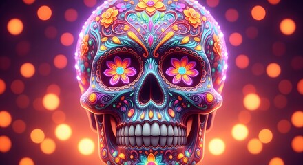 Vibrant psychedelic sugar skull art with blurry bokeh lights background
