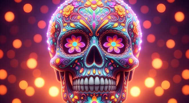 Vibrant psychedelic sugar skull art with blurry bokeh lights background