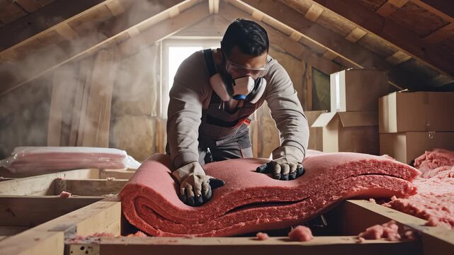 Craftsman Installing Insulation in Attic of House for Energy Savings
