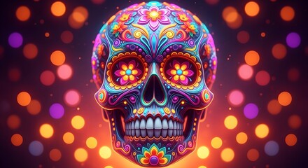 Vibrant psychedelic sugar skull art with bokeh lights background