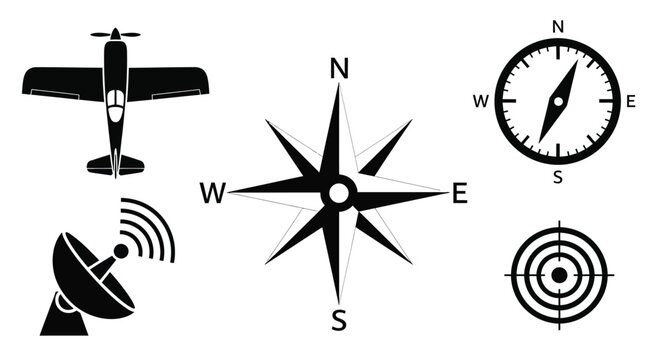 Navigation and direction icons plane compass radar target vector