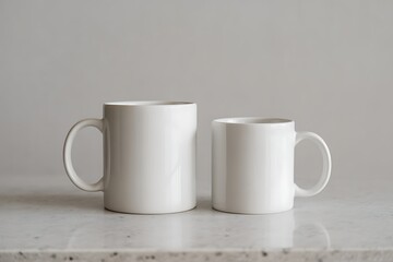 Two White Mugs on Countertop Minimalist Kitchenware Simple Drinkware Still Life Photography Blank Coffee Mugs for Mockup Template