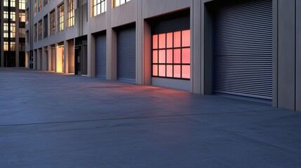 Fototapeta premium Urban Alleyway at Twilight with Industrial Garage Doors and Soft Glowing Lights
