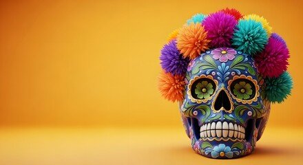 Vibrant sugar skull with colorful spiky hair on orange background