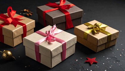 Festive Gift Boxes with Ribbons on Dark Background.