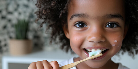 Child brushing teeth with bamboo toothbrush in bathroom Generative AI
