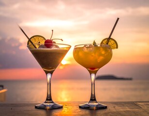 Two colorful cocktails on a wooden surface against a sunset
