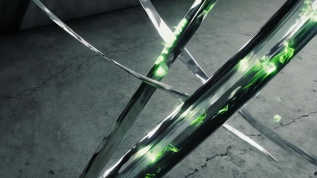 Metallic bars intersecting with glowing green elements over a textured surface