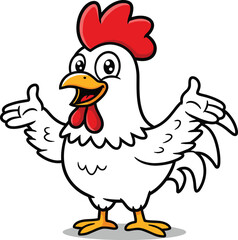 Cartoon white chicken with red comb and open wings, cheerful farm animal perfect for children’s content, education, or poultry branding