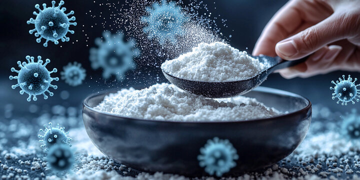 A hand scooping white powder from a bowl with floating digital virus particles symbolizing  infection risk.  Generative AI