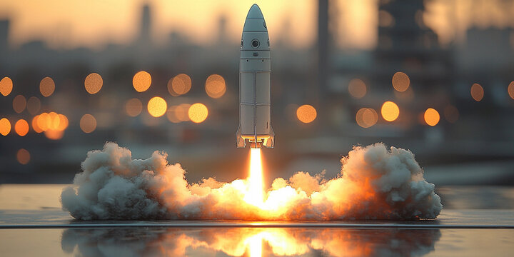 Small white rocket model launches against a sunset backdrop Generative AI
