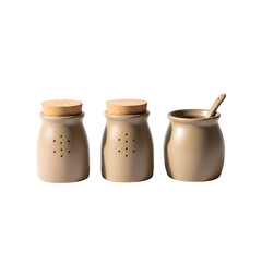 Three rustic ceramic jars with wooden lids one with a spoon.