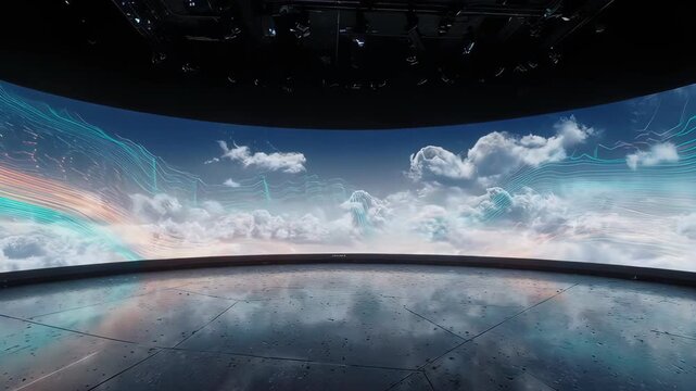 A futuristic curved screen displaying a cloudscape, with a reflective floor