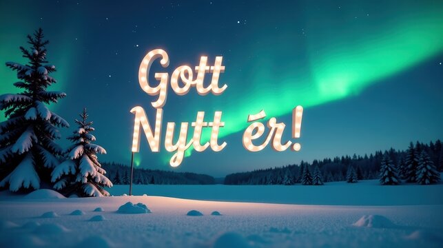 A cozy Christmas and New Year message in Norwegian style with festive decorations. Gott Nytt &Aring;r!
