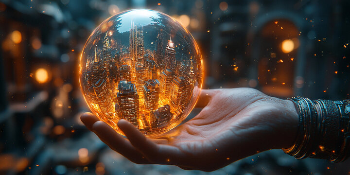 Hand holds glowing orb projecting a cityscape Generative AI