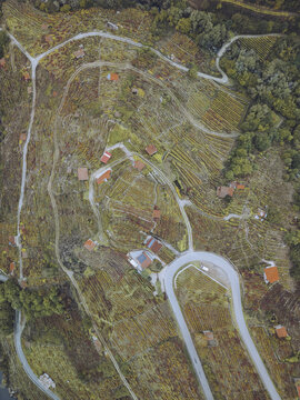 Aerial view of winding roads carving through the landscape, accented by clusters of buildings nestled among the hills, Chantada, Lugo, Spain.