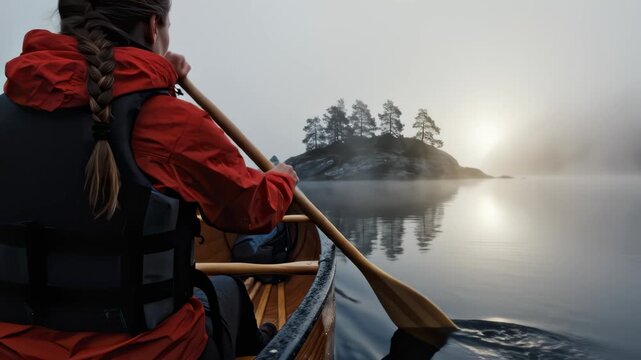 Woman Paddling Canoe Across Calm Lake on Misty Morning