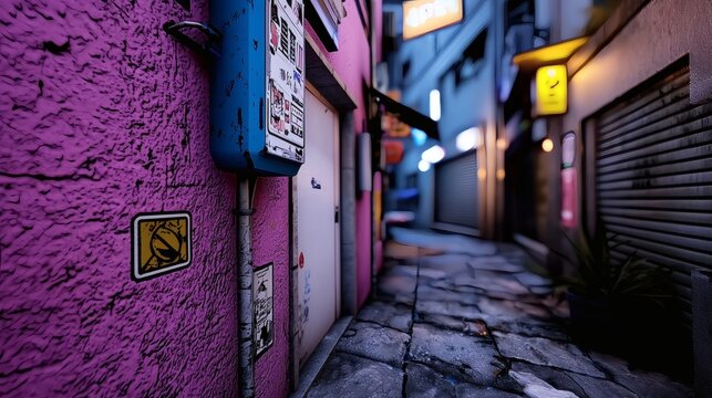 Vibrant Urban Alleyway with Neon Signs and Textured Walls in a Modern City Environment