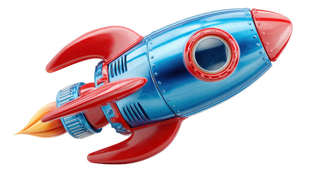 A vibrant toy rocket with red fins and blue body on transparent background