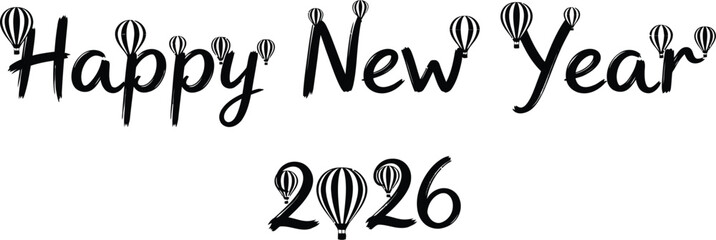 Happy new year 2026 text with festive decorative elements and a white background