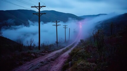Serene Landscape with Dirt Road, Power Lines, and Fog Under Dramatic Twilight Sky